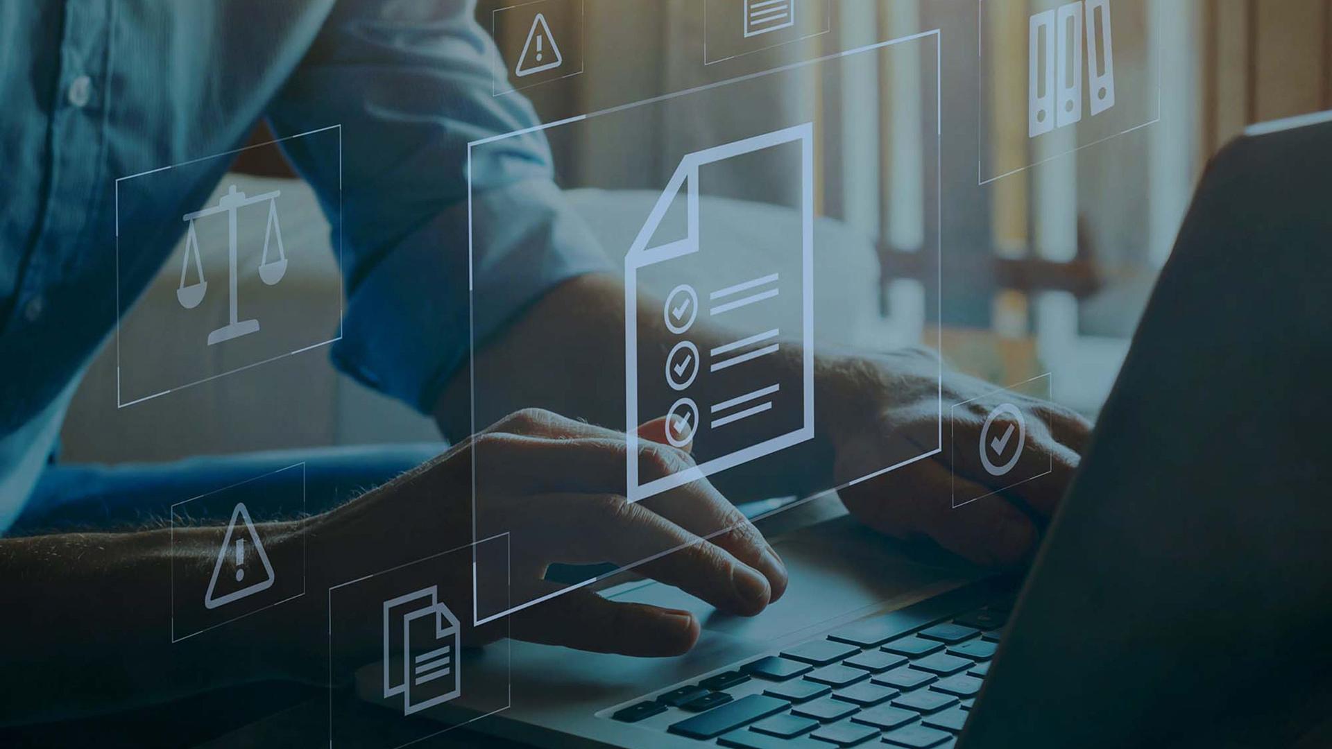 Detail of hands woroking in a office icon of a document in the air