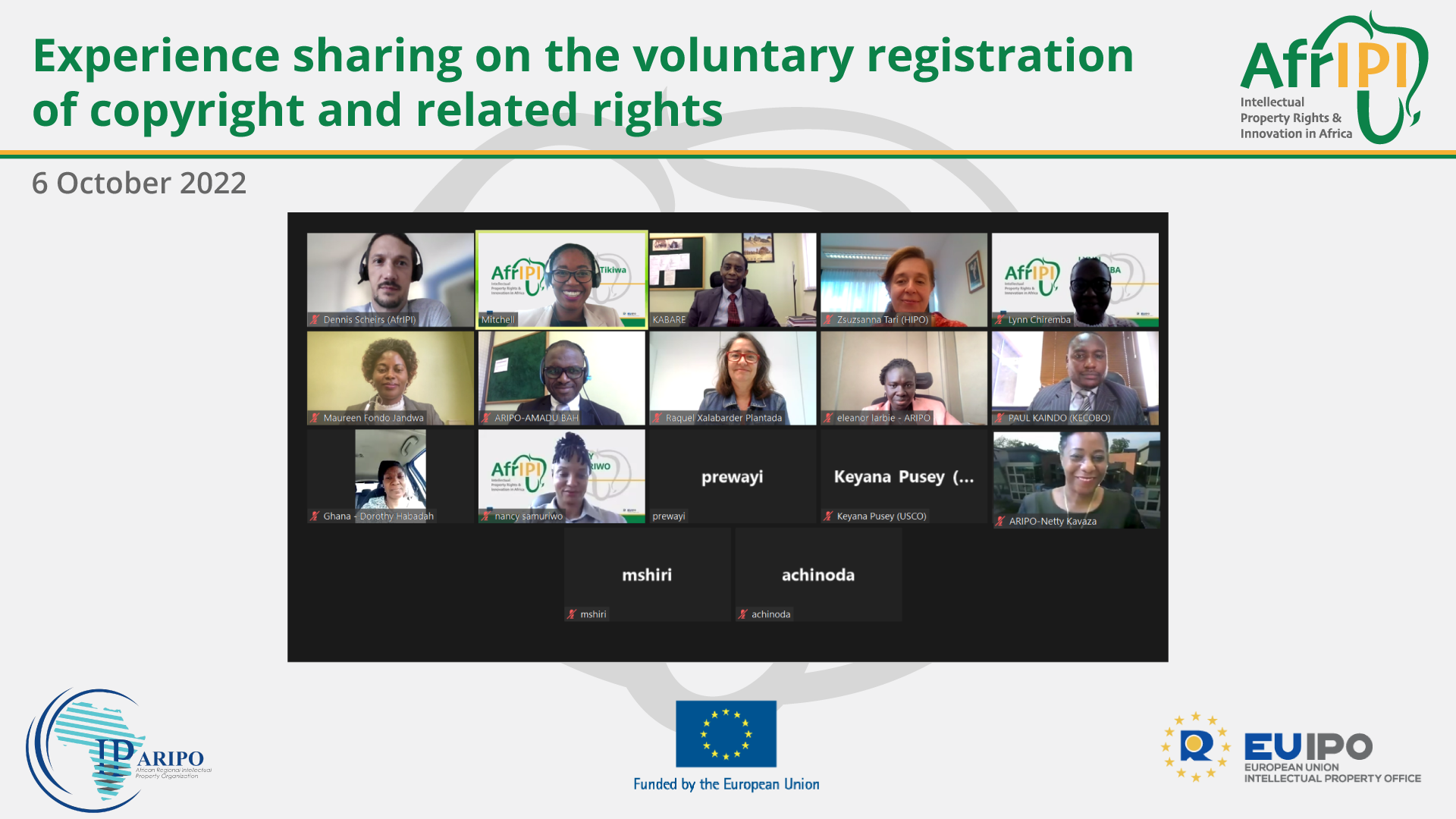 Pc screen with all the participants, title and logo above the screen